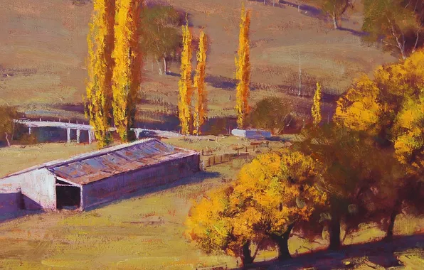 Autumn, trees, landscape, bridge, art, buildings, farm, ARTSAUS