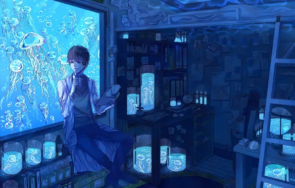Room, art, jellyfish, guy, laboratory, under water, conco