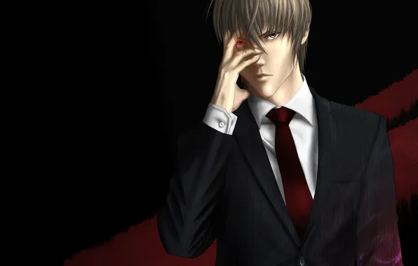 The dark background, costume, tie, guy, red eye, DEATH NOTE, Yagami Raito