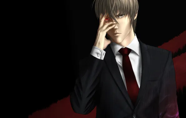 The dark background, costume, tie, guy, Death Note, red eye, Yagami Raito