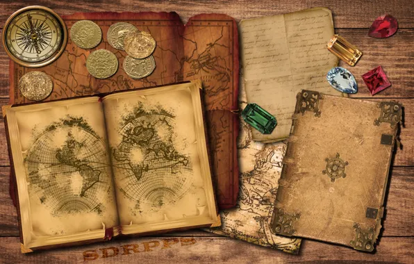 Picture gold, old, map, book, compass, ruby, coins, emerald