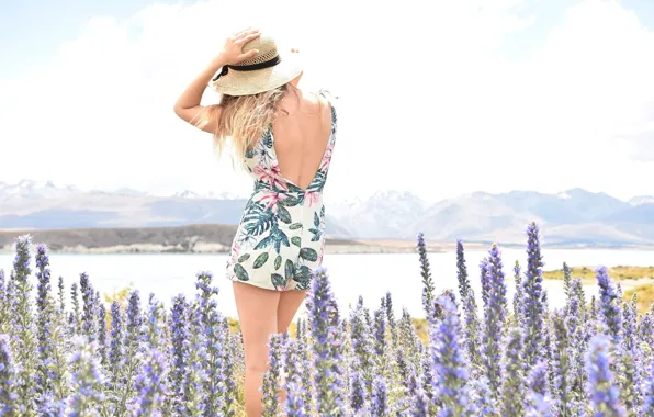 Field, summer, the sky, girl, light, flowers, mountains, pose