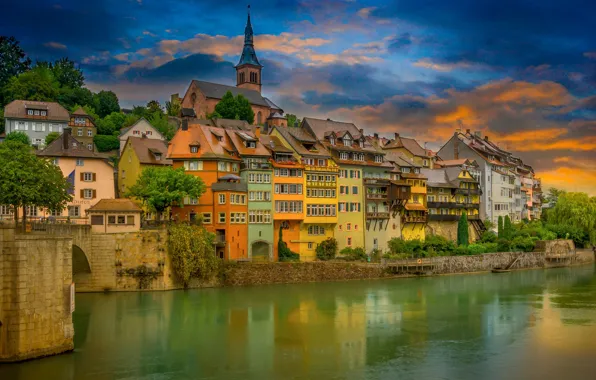 Picture sunset, the city, river, home, Germany, Rhine, Laufenburg