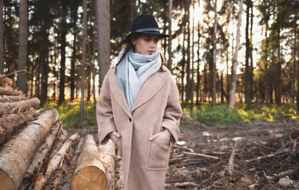 Picture forest, girl, hat, coat, logs, Kseniya Kokoreva, Igor Eden