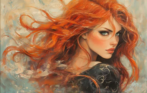 Look, girl, pose, the wind, portrait, redhead, flowing hair, imitation painting