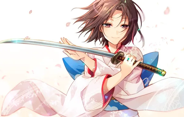 Smile, the wind, katana, petals, blade, white background, kimono, Shiki Ryougi