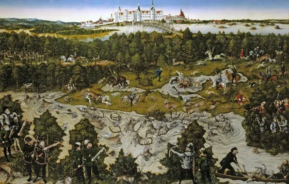 Trees, landscape, river, picture, Hunt in Honour of Ferdinand I. near the Castle of Torgau, …