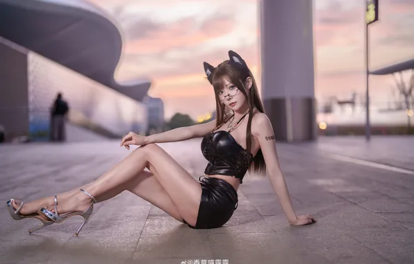 Picture model, women, high heels, feet, miniskirt, looking at viewer, women outdoors, Asian
