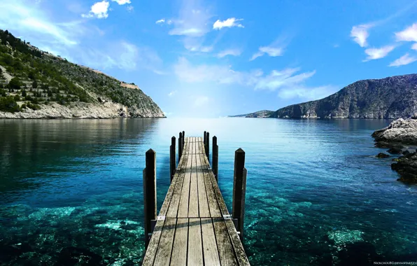 Sea, the sky, mountains, lake, stones, the bridge