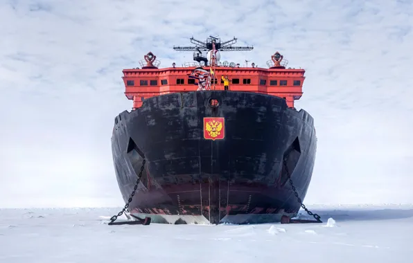 Picture The ocean, Sea, Snow, Ice, Icebreaker, The ship, Coat of arms, Russia