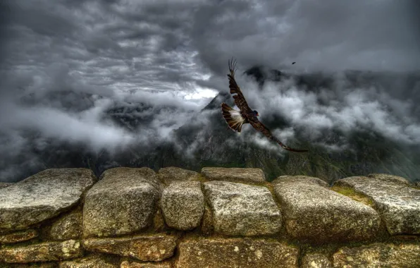 Clouds, flight, mountains, stones, Birds