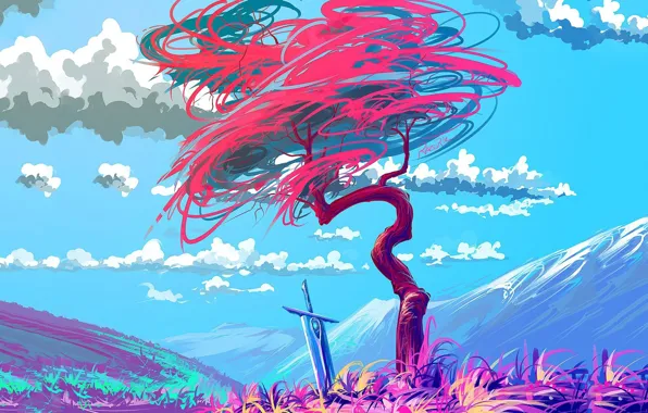 Colorful, sword, fantasy, sky, art, clouds, mountain, tree