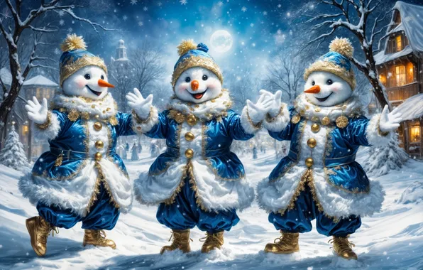 Winter, snow, the moon, new year, Christmas, snowmen, trio