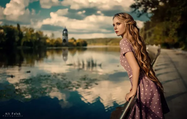 The sun, clouds, trees, pose, river, model, portrait, makeup