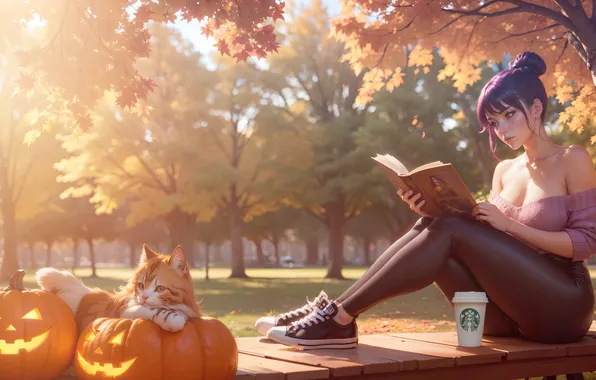 Autumn, cat, girl, Park, coffee, sneakers, pumpkin, book