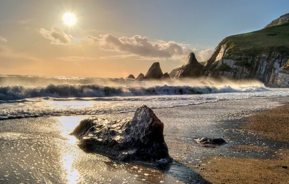 Sea, wave, beach, the sky, the sun, the folding