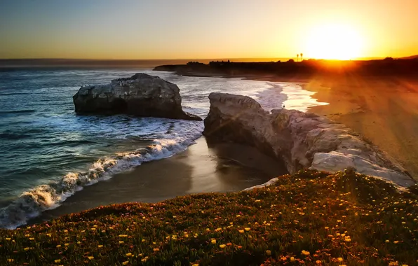 Beach, sunset, coast, beach, sea, sundown