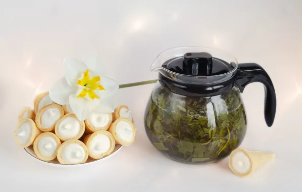 White, flower, green, table, tea, glass, kettle, cookies