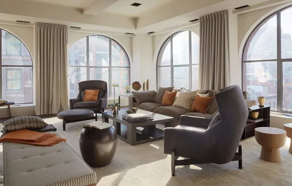 Design, style, interior, skyscrapers, megapolis, living room, upholstered furniture, arched windows in the interior