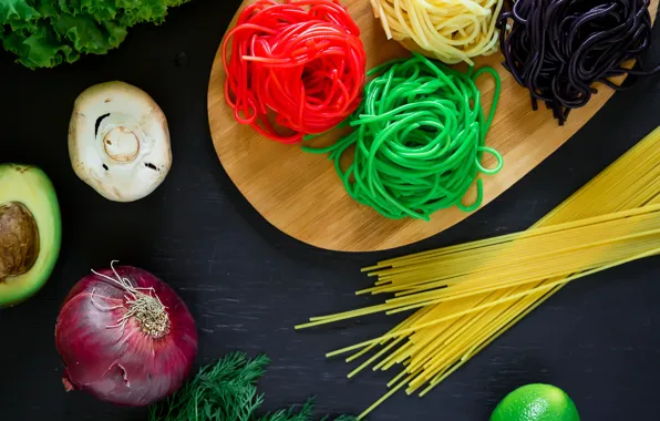 Food, bow, dill, lime, vegetables, spaghetti, color, avocado