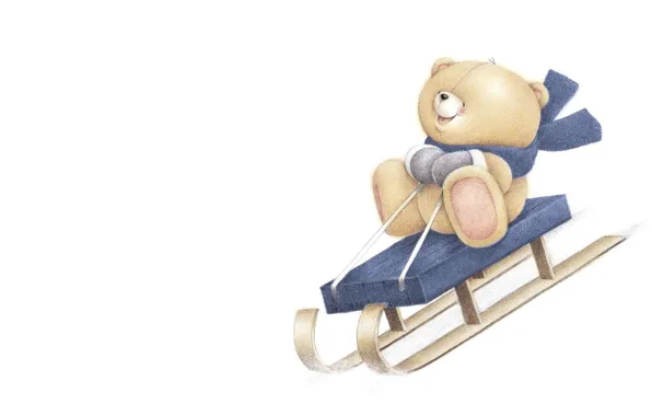 Picture winter, mood, art, slide, bear, scarf, sled, children's