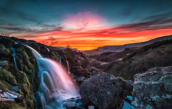 Picture sunset, mountains, waterfall