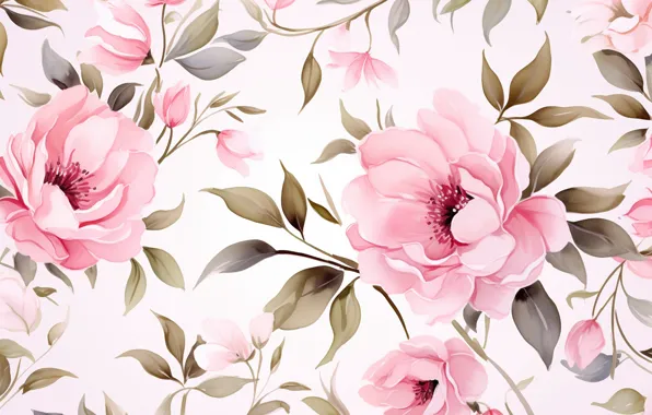 Leaves, flowers, texture, spring, white background, pink, peonies, peony