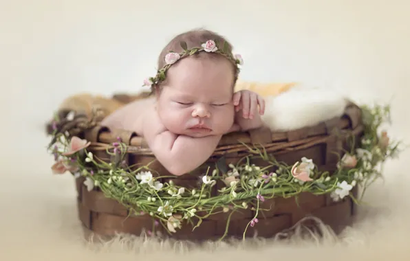 Picture basket, sleep, girl, wreath, baby