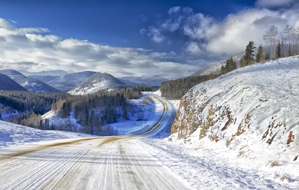Winter, road, the sky, clouds, snow, trees, mountains, nature