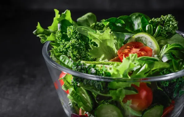 Picture greens, glass, light, green, the dark background, food, lime, bowl, yummy, vegetables, tomatoes, tomatoes, slices, …