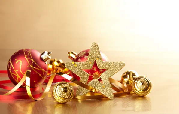 Balls, gold, holiday, toys, star, New Year, Christmas, serpentine