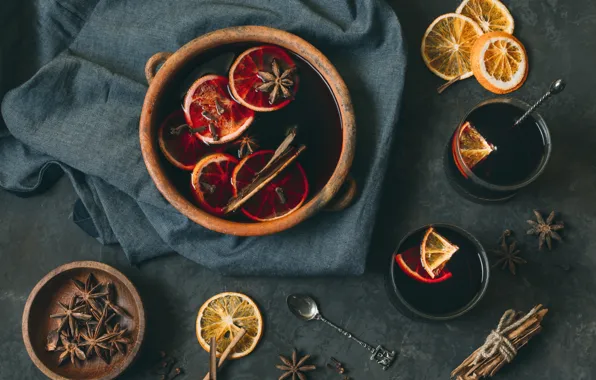 Wine, orange, spoon, fabric, cinnamon, mulled wine
