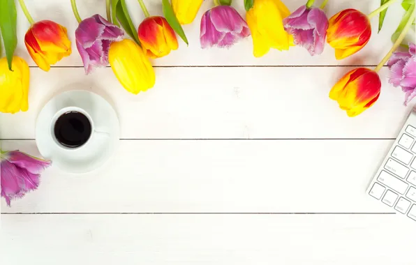 Flowers, coffee, bouquet, spring, colorful, tulips, fresh, wood