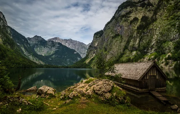 Greens, forest, summer, the sky, clouds, mountains, lake, stones