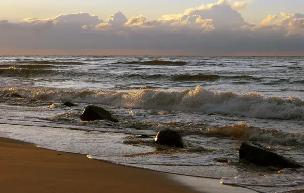 Wave, the sky, water, sunset, squirt, stones, horizon, surf