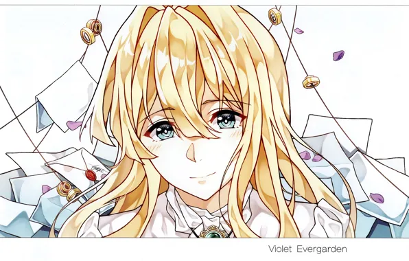 Face, petals, blue eyes, bangs, letters, envelopes, Violet Evergarden, by Cheese Kang