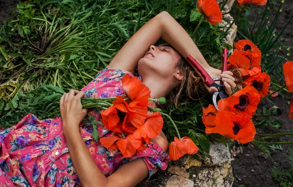 Summer, grass, girl, flowers, stones, Maki, bouquet, hands