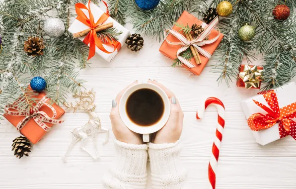 Balls, tree, New Year, Christmas, gifts, Christmas, balls, cup