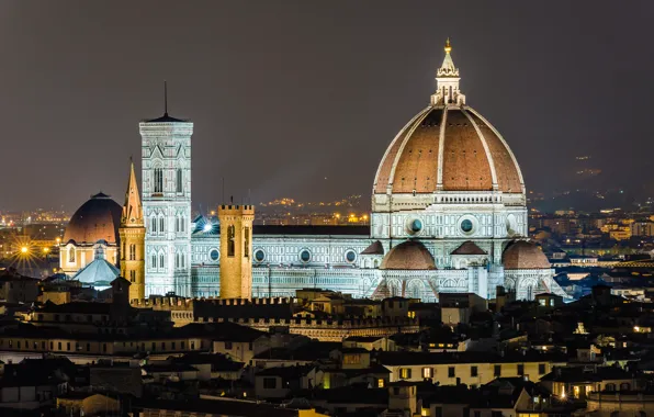 The sky, night, lights, home, Italy, Florence, Duomo, Giotto's bell tower