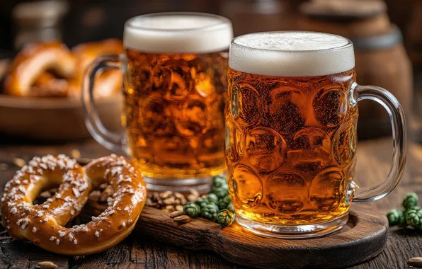 Glass, foam, Board, beer, mugs, hops, pretzel, AI art