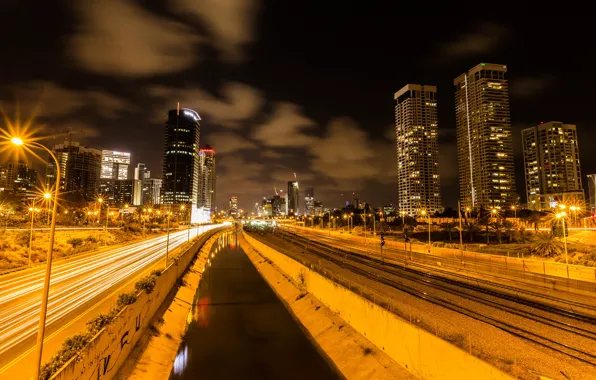Road, the sky, clouds, night, lights, home, lights, channel