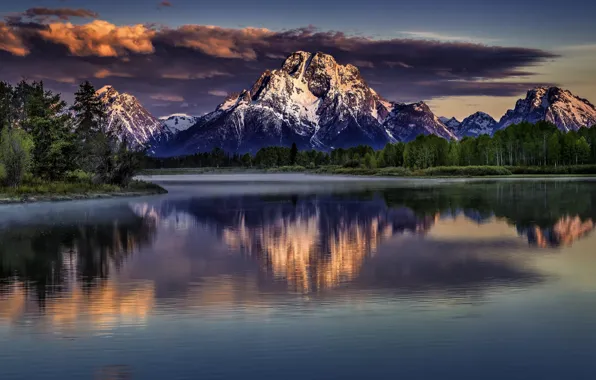 Picture landscape, sunset, winter, mountains, snow, lakes