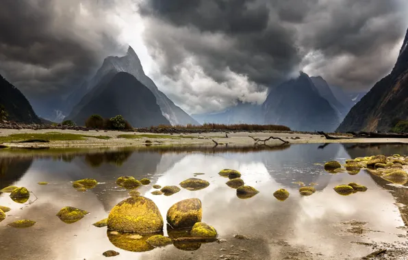 The sky, landscape, mountains, clouds, lake, stones, New Zealand
