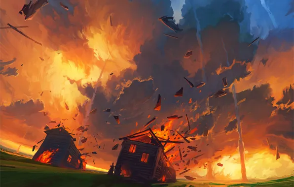 Fire, flame, Apocalypse, disaster, chaos, the bombing, meteor shower, wooden houses