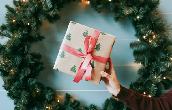 Branches, wall, holiday, box, gift, hand, lights, Christmas