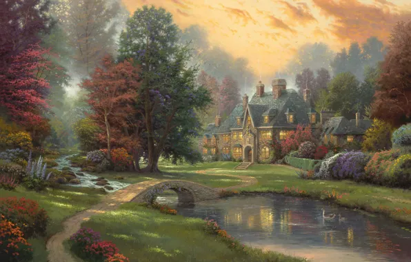 Trees, bridge, sunset, brook, park, flowers, Thomas Kinkade, duck