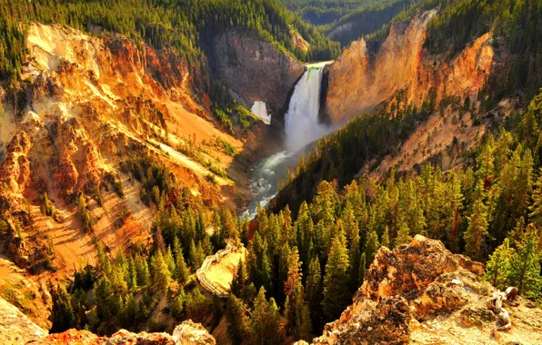 Picture waterfall, forest, mountains, mountains, forest, Waterfall