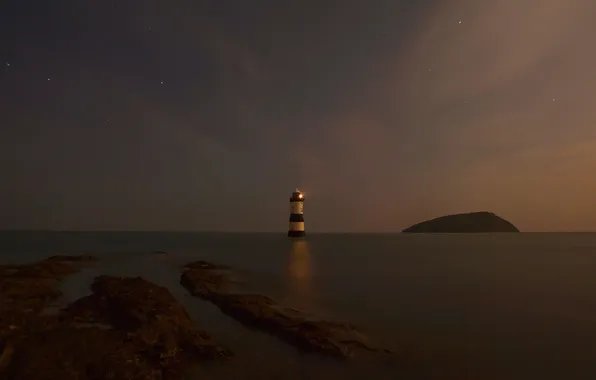 Sea, the sky, stars, night, rocks, lighthouse