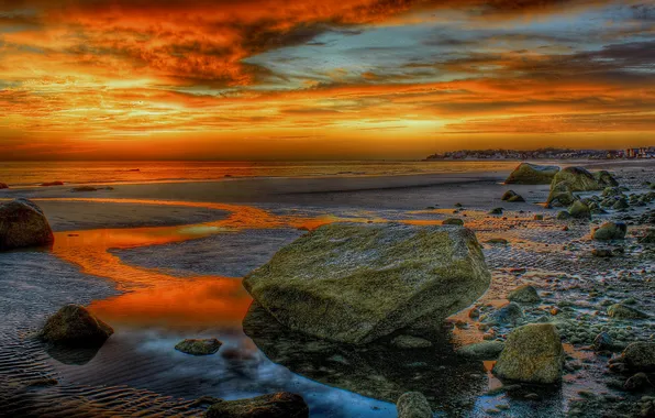 Picture sea, the sky, stones, shore, the evening, tide, hdr, glow
