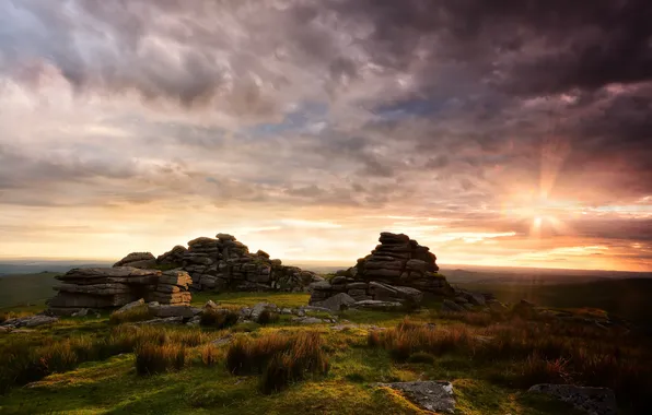 Picture clouds, sunset, rocks, UK, national Park, sunlight, Dartmoor